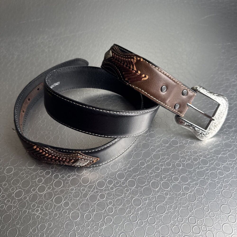 Nocona Leather Western Belt Black Brown Laced Diamond Concho N247540 - Size 40